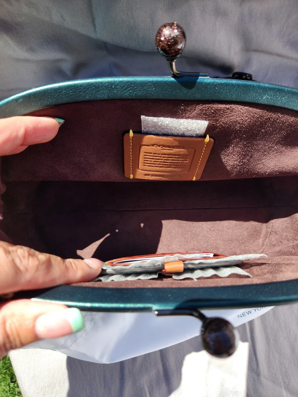Coach Teal Metallic Leather Kiss-Lock Clutch - Picture 11 of 16